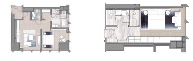 Two compact apartment layouts with smart zoning for living, sleeping, and cooking.