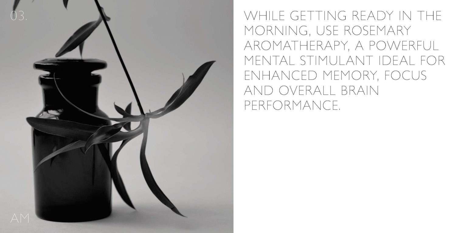 While getting ready in the morning, use rosemary aromatherapy, a powerful mental stimulant ideal for enhanced memory, focus and overall brain performance.