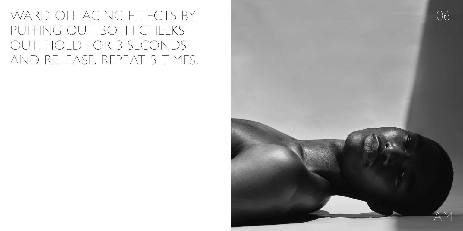 Shirtless portrait and anti-aging tip: puff cheeks, hold, release, repeat 5x to ward off aging.