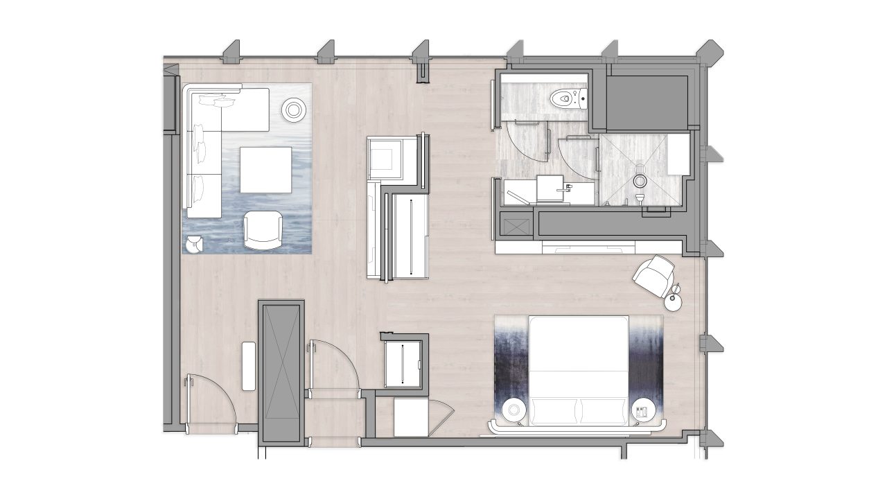 Two-bedroom layout with shared lounge and smart storage, perfect for balanced living