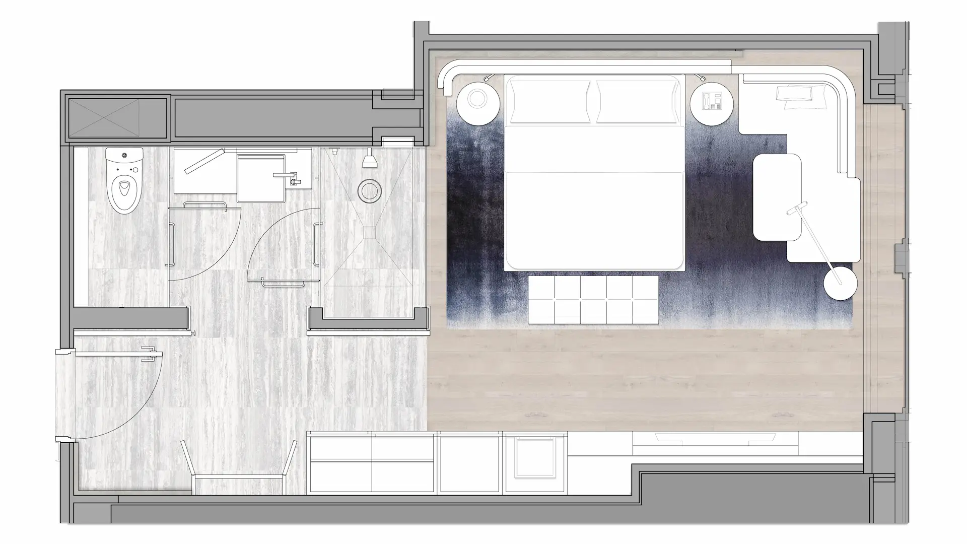 Bedroom and bath layout with gradient rug, lounge corner and sleek cabinetry, perfect for restful living.