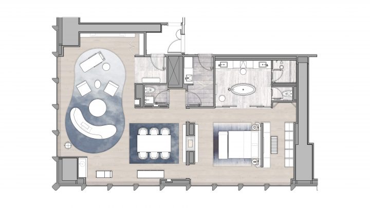 Modern apartment layout with curved sofa, large dining area, and spacious bedroom suite.