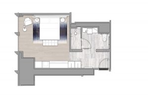 Compact layout with split bathroom and cozy bedroom, perfect for studio living or hotel stays.