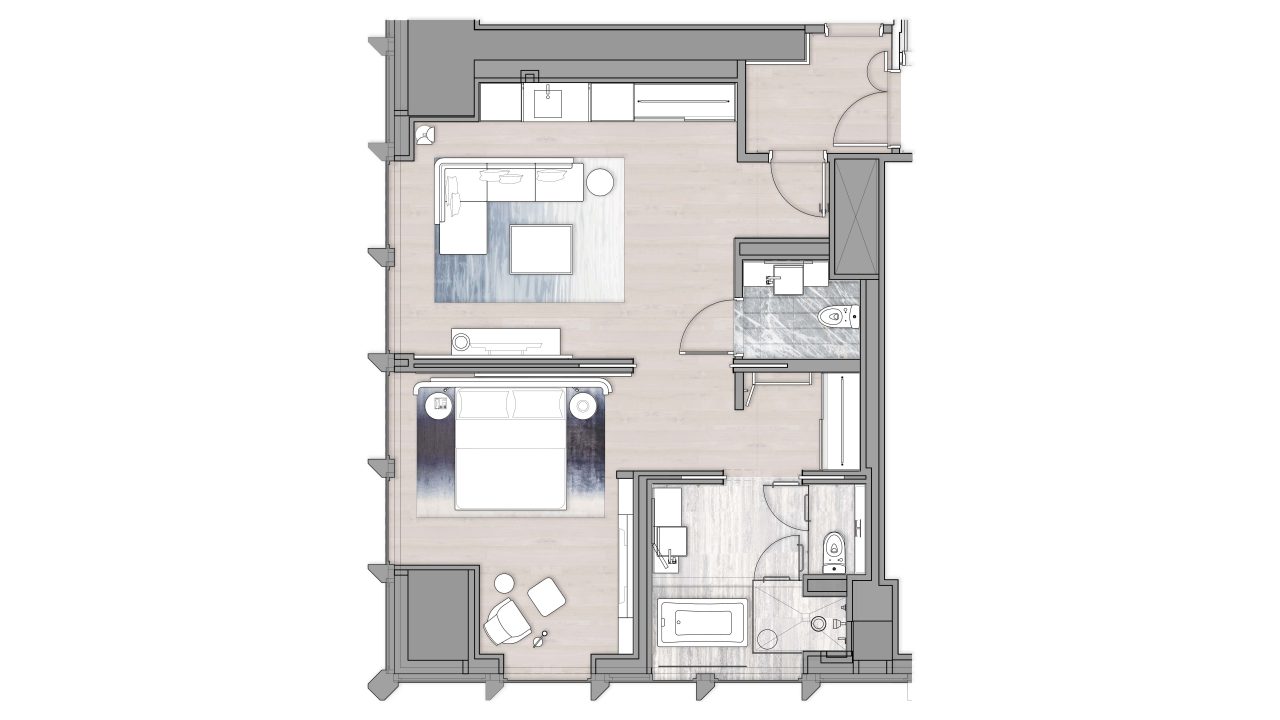 Two-bedroom apartment layout with cozy living area and dual bathrooms, perfect for shared living.