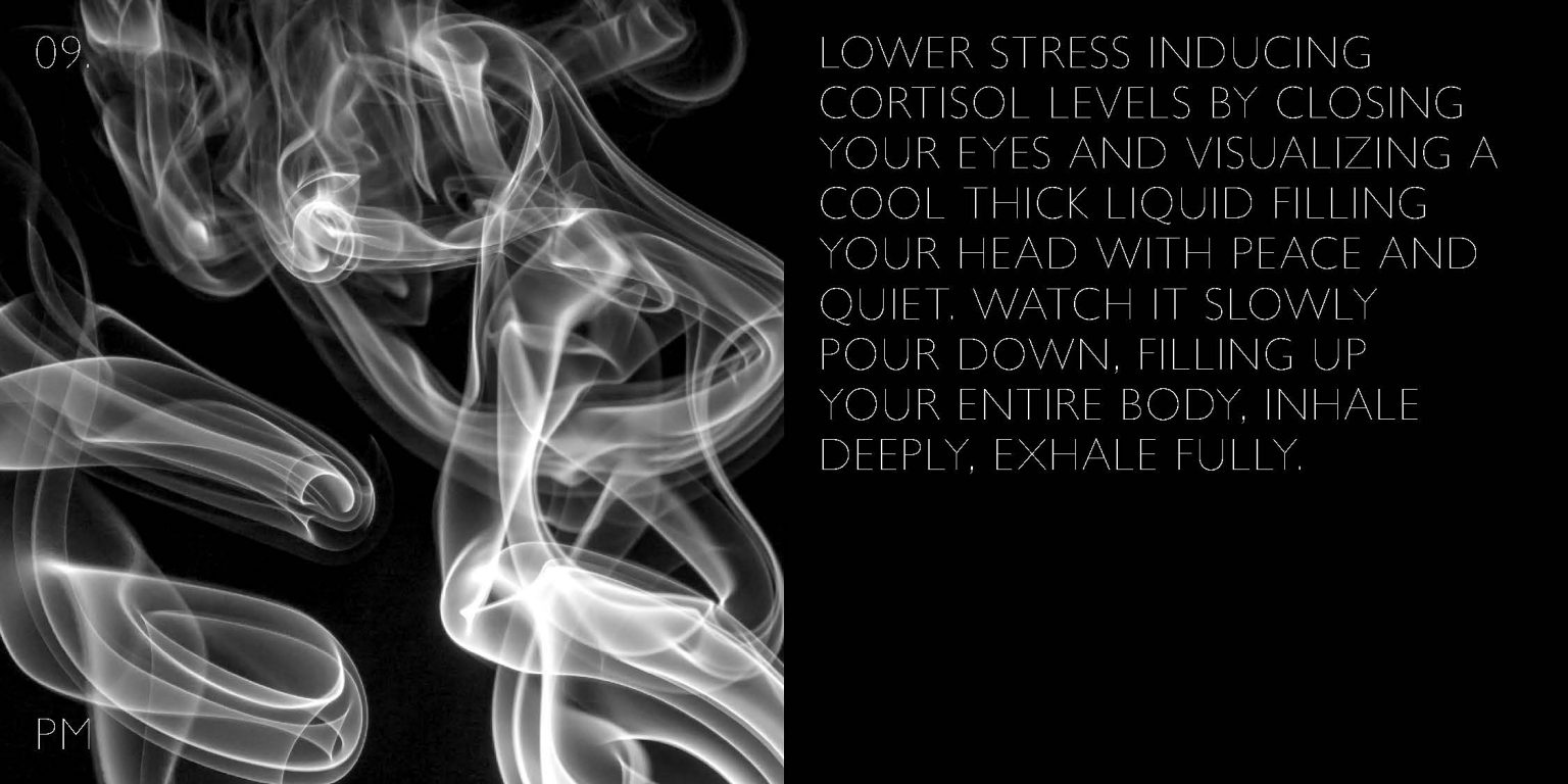 Resumen corto en inglés: Swirling smoke & a stress tip: visualize peace flowing through you, breathe deeply, exhale fully.