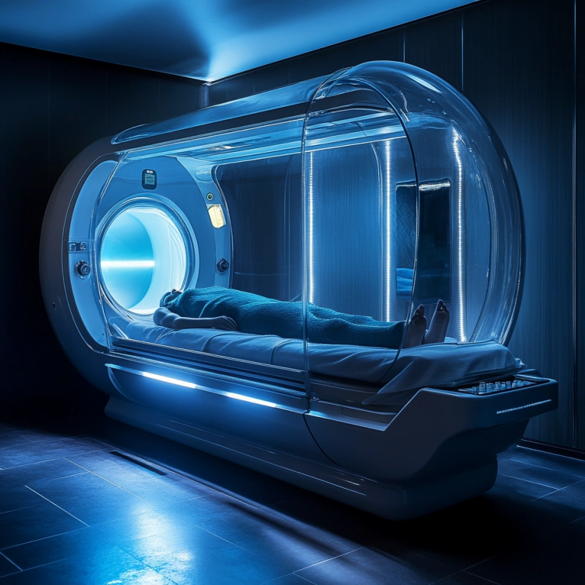 Futuristic hyperbaric pod with soft blue lighting, evoking innovation and deep restoration