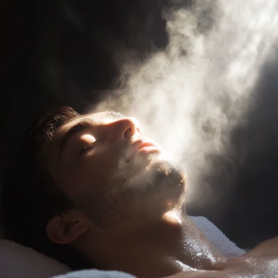 Wooden barrel sauna at Equinox Hotel NYC with soft lighting, curved design, and tranquil ambiance for luxury wellness escape.