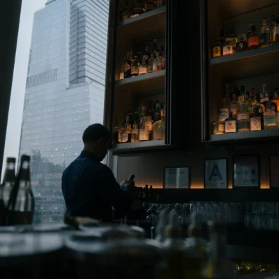 Bartender at backlit bar with liquor shelves and city view, evoking urban lounge atmosphere
