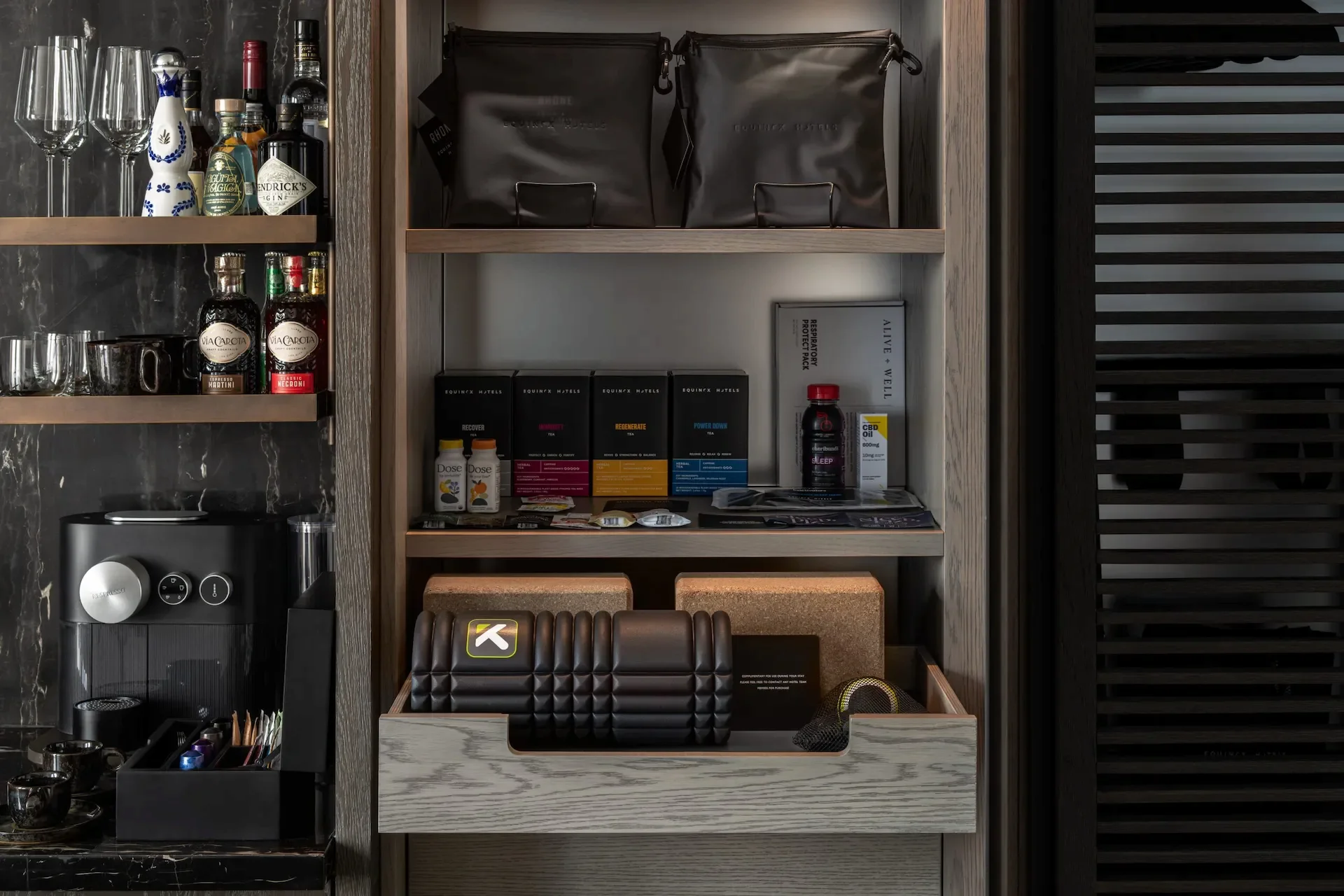 Luxury cabinet with coffee station, premium drinks, snacks, and fitness gear, blending wellness and indulgence in style.
