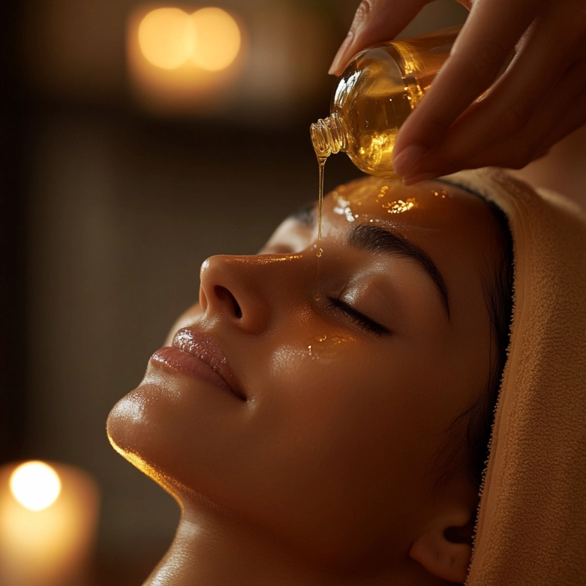 Close-up of facial treatment with golden oil poured on forehead, person relaxed with eyes closed in warm candlelit spa setting