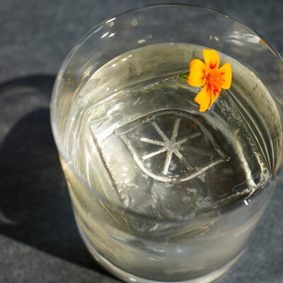 Glass with clear drink and patterned ice cube, topped with orange-yellow flower on dark surface.