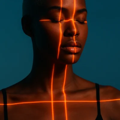 Person with closed eyes and neon grid projected onto face and torso, against dark blue background, evoking introspection and digital overlay