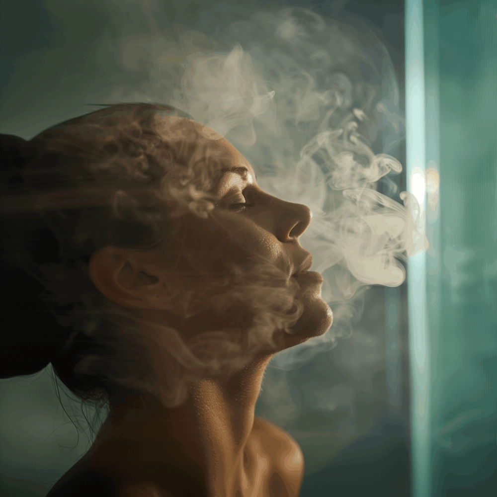 Profile of person enveloped in swirling steam, softly lit against teal glass, evoking introspection and calm