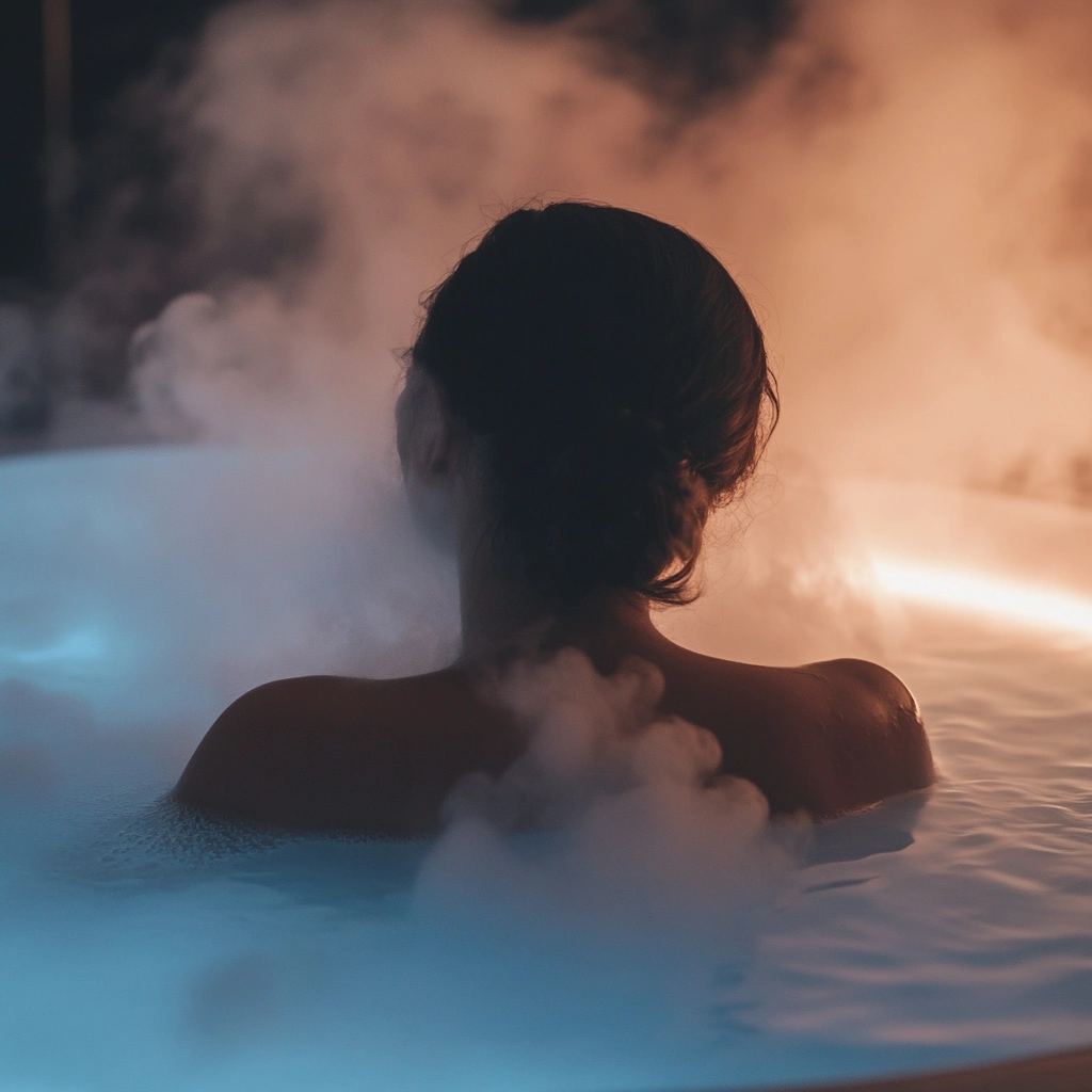 Guest immersed in steamy spa waters, surrounded by soft ambient light and serene hues of blue and amber