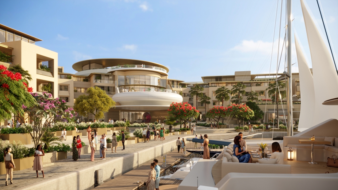 Amaala Triple Bay resort with marina, circular architecture and luxury coastal wellness under blue sky