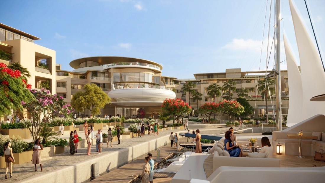 Amaala Triple Bay resort with marina, circular architecture and luxury coastal wellness under blue sky
