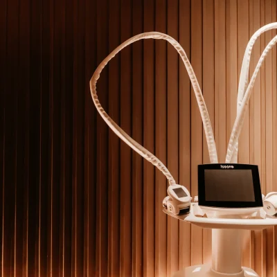 Modern aesthetic device with screen and applicators in wood-paneled room, evoking advanced wellness and serene design
