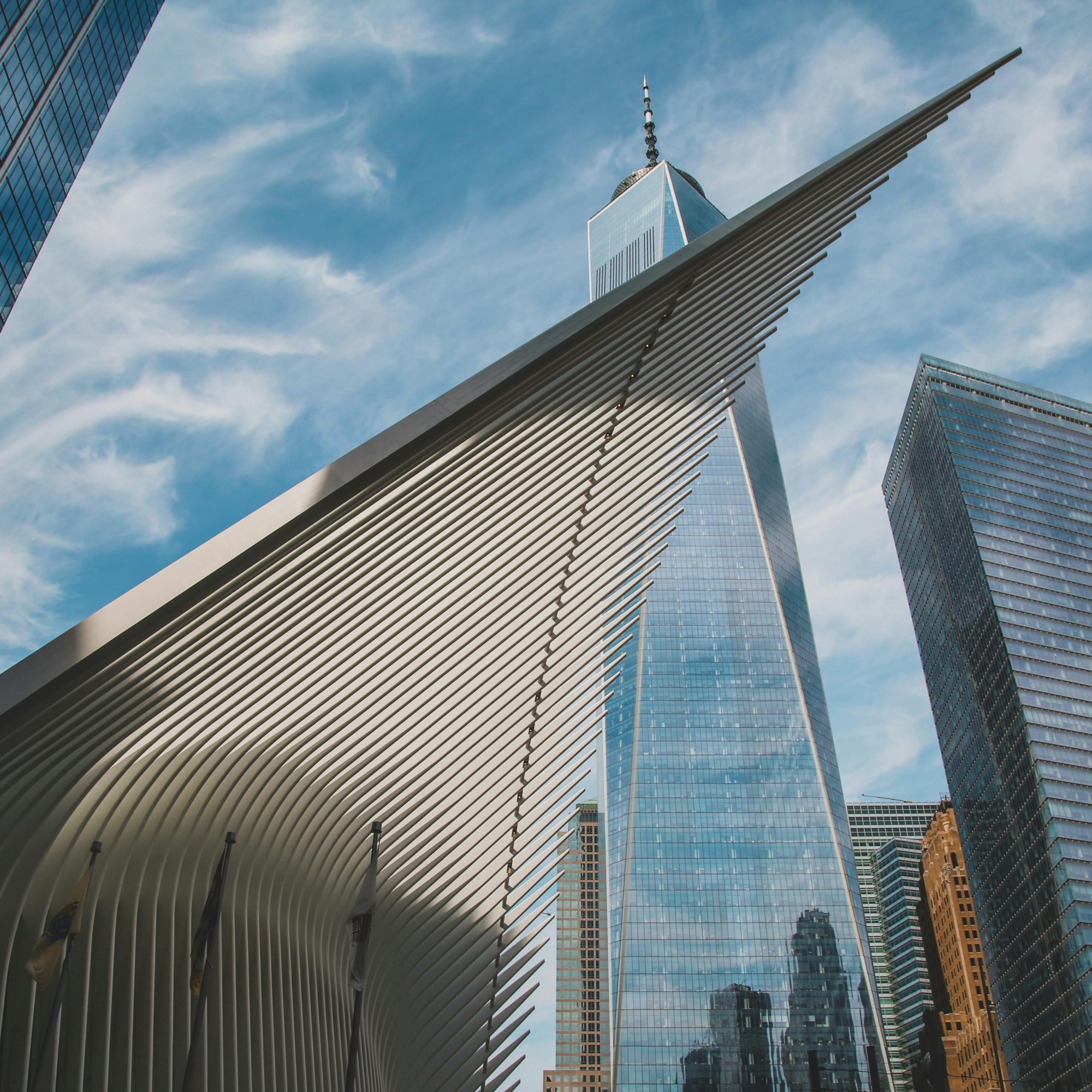 Oculus at World Trade Center with One World Trade Center rising above surrounding skyscrapers in Lower Manhattan