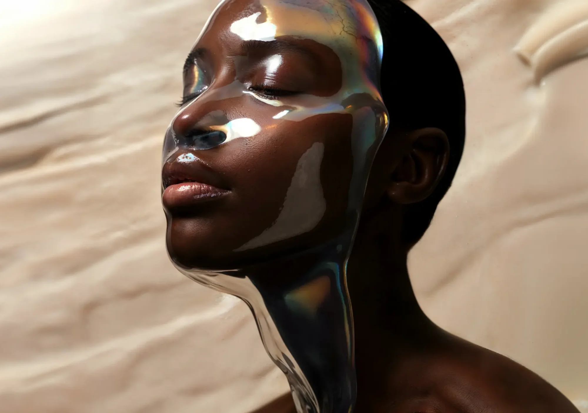 Dark-skinned person with closed eyes and a reflective, liquid metal face mask against a wavy beige background.