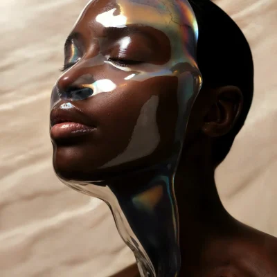 Dark-skinned person with closed eyes and a reflective, liquid metal face mask against a wavy beige background.