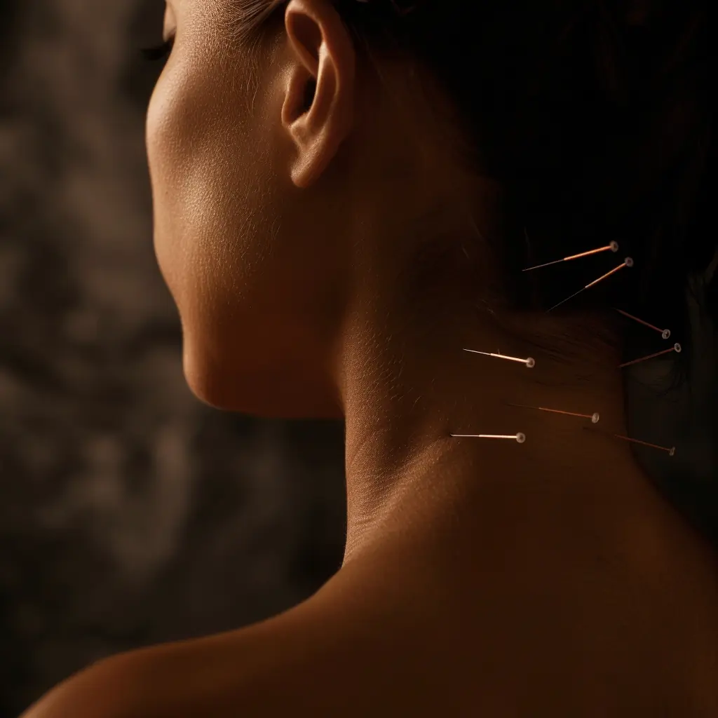 Close-up of a woman’s neck and upper back with multiple acupuncture needles inserted, in warm, dim lighting.