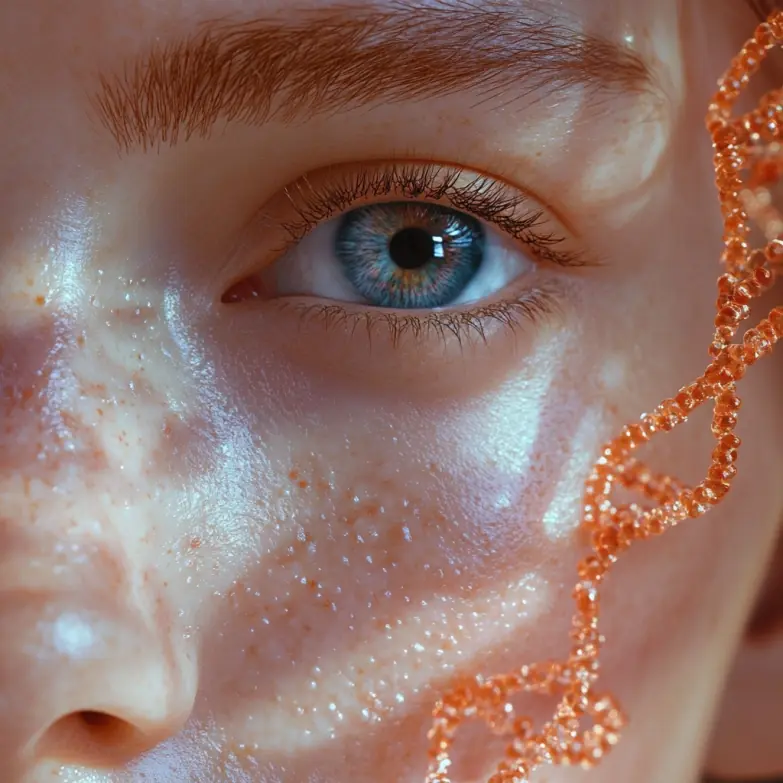 Extreme closeup of a person's blue eye and freckled skin, with an orange DNA double helix overlay.