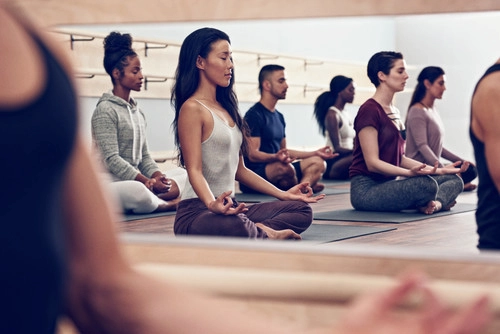 Group seated in cross-legged meditation pose on yoga mats in calm studio setting