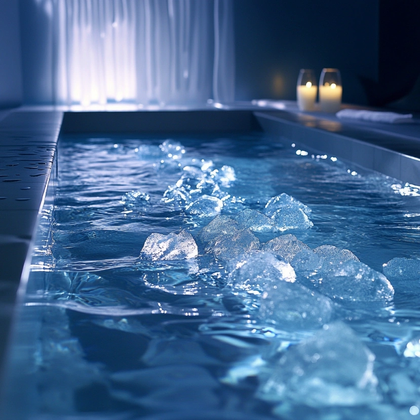 Ice bath filled with ice cubes and lit candles, designed for cold therapy and recovery rituals