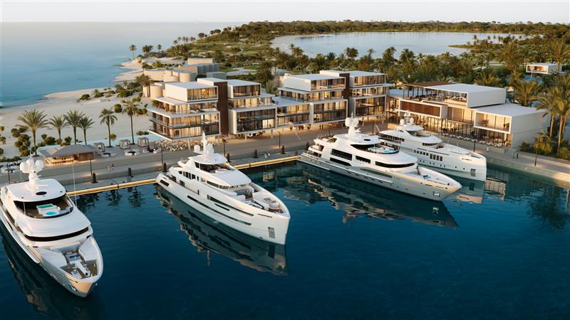 A high-resolution aerial shot shows a luxurious yacht docked at the pier.