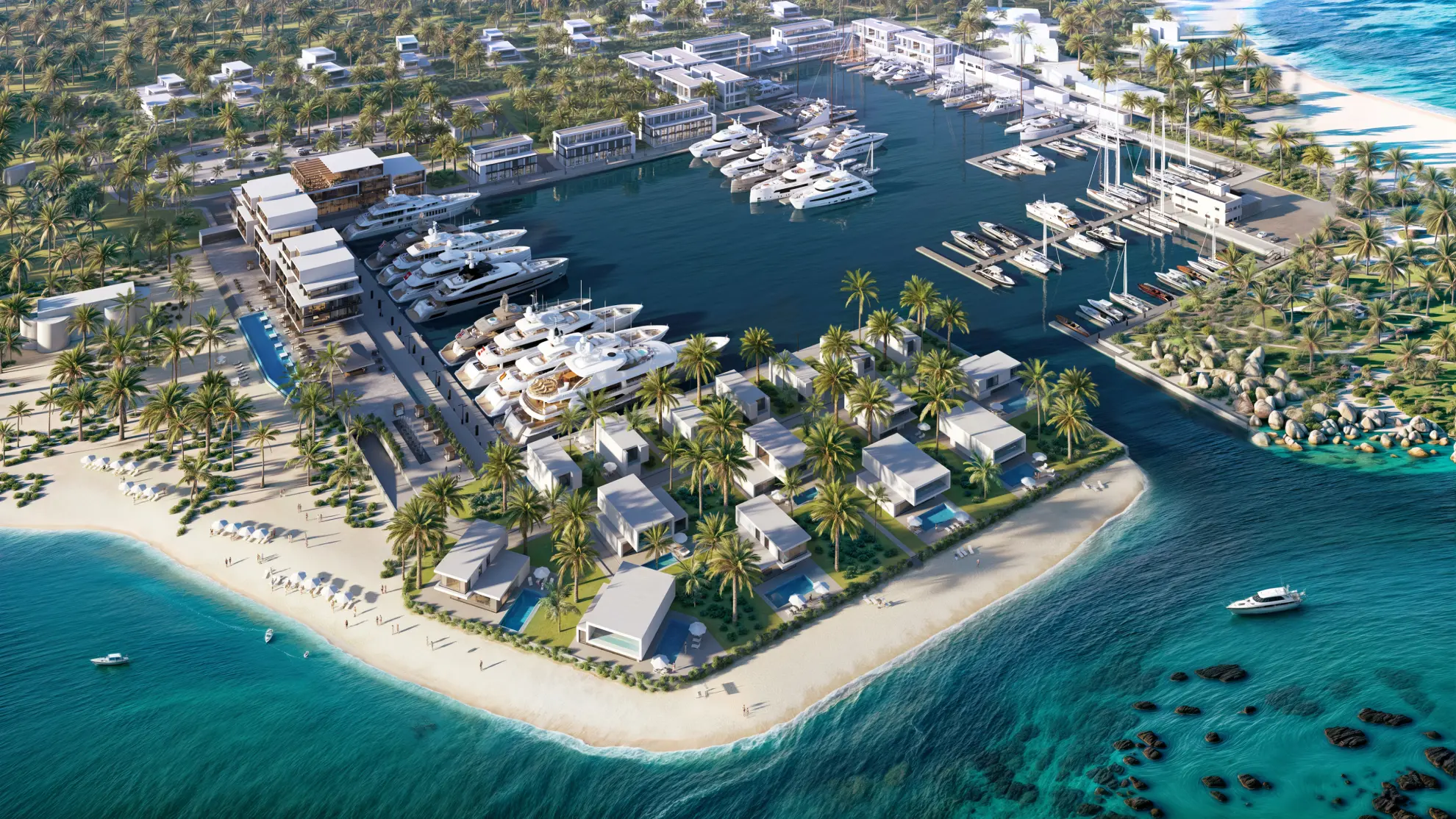 Luxurious coastal marina with modern villas, yachts, palm-lined docks, and turquoise waters in a tropical setting.