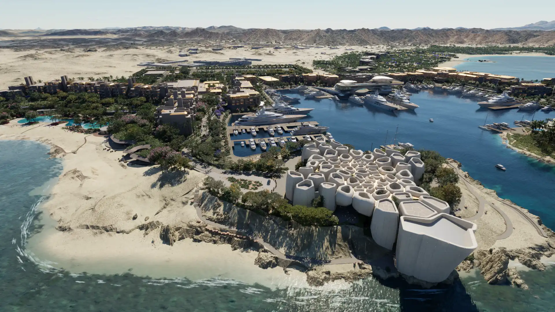 Futuristic coastal resort with marina, organic pod architecture, beachside pools, and desert mountain backdrop.