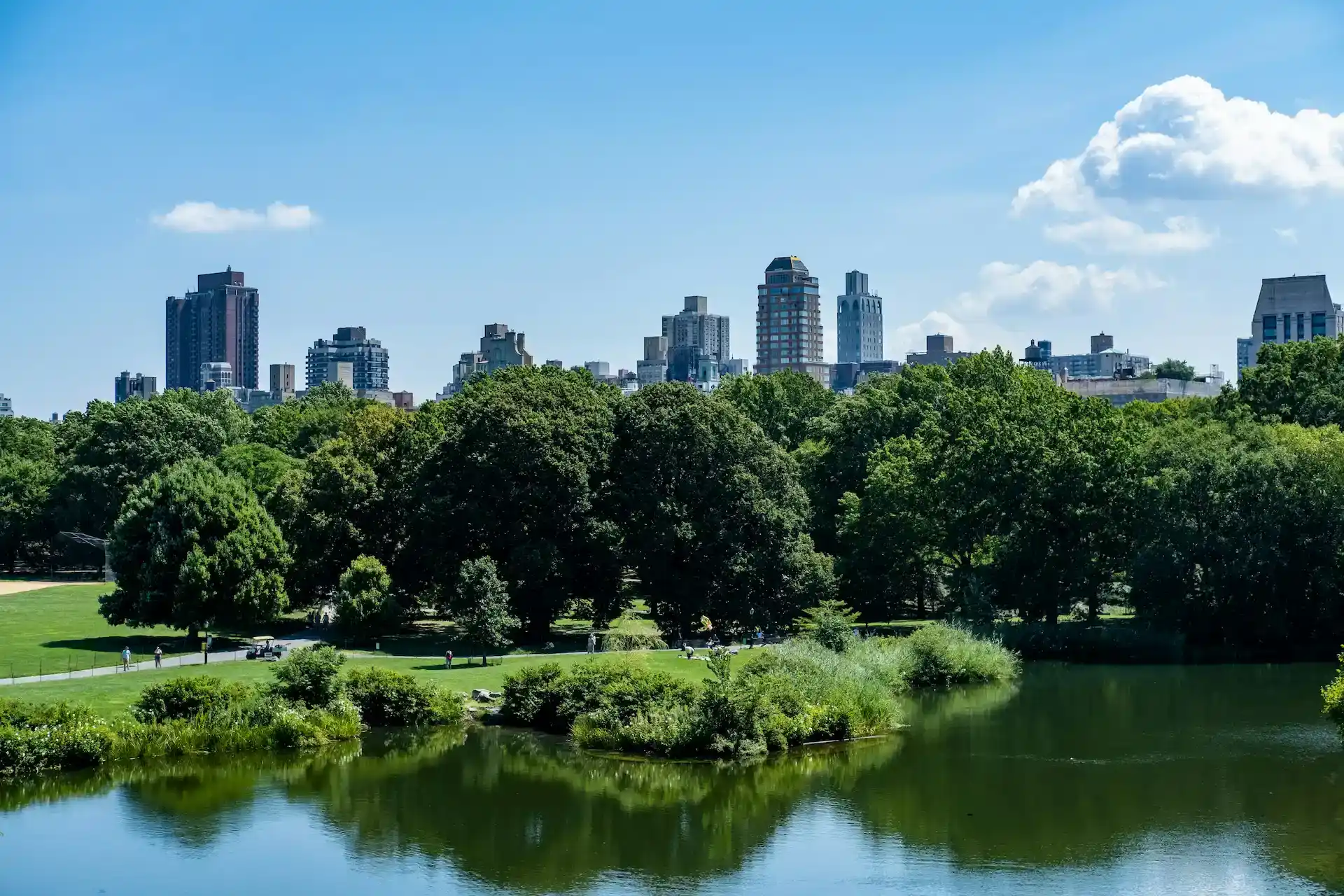 View of Central Park with lush trees, lake, and Manhattan skyline on a sunny day.