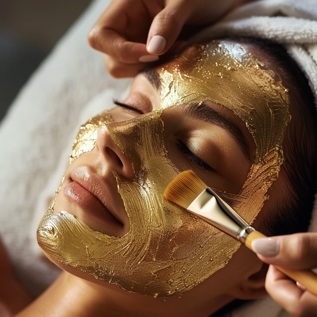 Golden facial mask applied with brush during spa treatment, evoking indulgent care and radiant renewal
